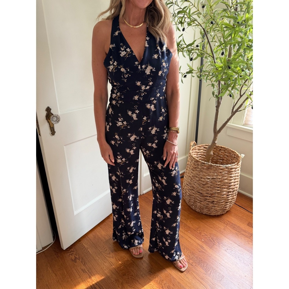 Navy Blue Floral Wide Leg Jumpsuit Open Crisscross‎ Back Sleeveless V-Neck